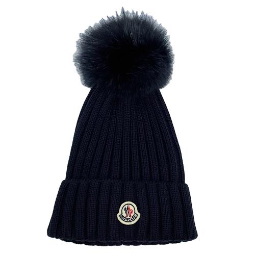 【MONCLER】品牌LOGO 毛球羊毛毛帽-深藍色 (ONE SIZE) 3002190003510 778
