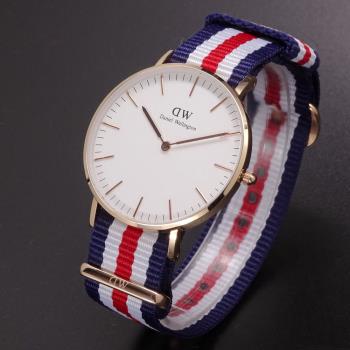 Daniel Wellington帆布風格時尚腕錶藍白紅+玫瑰金-36mm-DW00100030