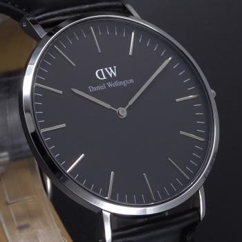 Daniel Wellington皮革風格時尚腕錶黑+銀殼-40mm-DW00100133