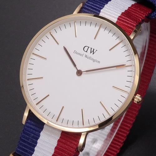 Daniel Wellington帆布風格時尚腕錶藍白紅+玫瑰金-40mm-DW00100003