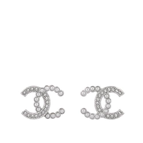 CHANEL CC Logo 水鑽及珍珠鑲飾針式耳環(銀色)