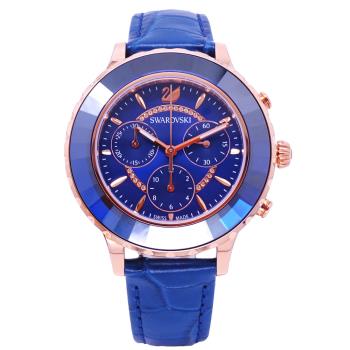 施華洛世奇SWAROVSKI 水晶的絢麗身段三眼時尚優質腕錶-藍-5563480