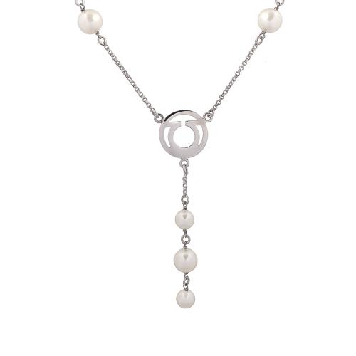 二手商品9.5成新_Salvatore Ferragamo Gancini 圓形標誌及玻璃珍珠墜飾項鍊(銀色)