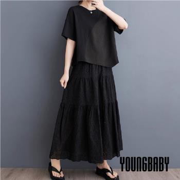 【YOUNGBABY中大碼】百搭不規則拼接皺皺佈下擺V型上衣 中大尺碼女裝