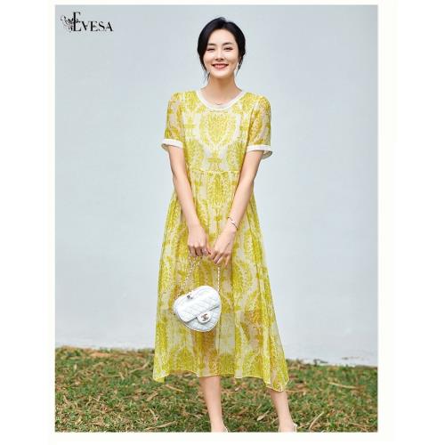 【伊凡莎名媛時尚】米蘭清雅度假藝術風韻貴黃圖騰100%蠶絲洋裝