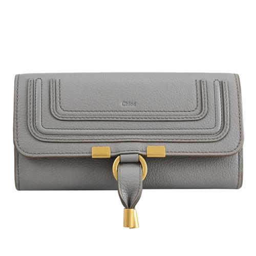 CHLOE MARCIE 烙印LOGO牛皮縫線翻蓋發財長夾.灰