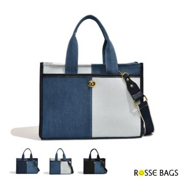 【Rosse Bags】流行雙色拼接牛仔布通勤大容量托特包(現+預 黑色／深藍色／淺藍色)