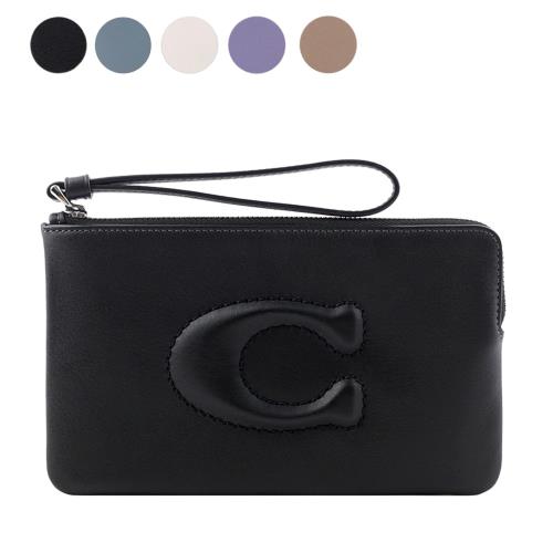 COACH C Logo 銀釦縫線標誌平滑皮革大款手拿包(任選) CR392