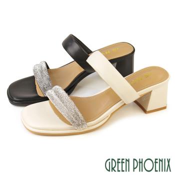 GREEN PHOENIX 女 拖鞋 方頭拖鞋 高跟拖鞋 水鑽 二字帶 全真皮U11-21923