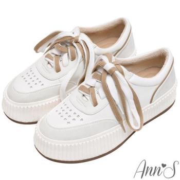 Ann’S餅乾厚底小白鞋!奶茶雙色鞋帶綁帶休閒鞋4cm-白