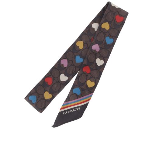 COACH CC Logo 滿版標誌及彩色愛心圖案絲巾/Twilly (栗棕色)
