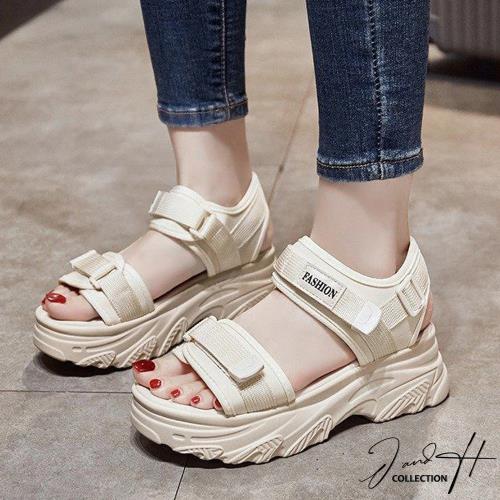 【J&H collection】舒適透氣一字扣魔鬼氈厚底涼鞋(現+預  米色／黑色)