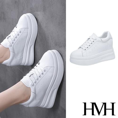 【HMH】真皮厚底休閒運動鞋/真皮厚底內增高經典時尚休閒運動鞋 女鞋 白