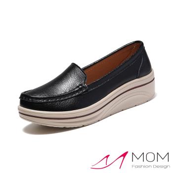 【MOM】真皮純色厚底樂福鞋/真皮純色氣質百搭坡跟厚底樂福鞋 女鞋 黑