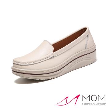 【MOM】真皮純色厚底樂福鞋/真皮純色氣質百搭坡跟厚底樂福鞋 女鞋 米