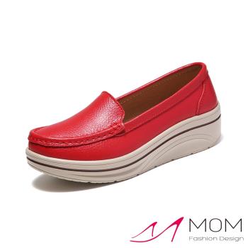 【MOM】真皮純色厚底樂福鞋/真皮純色氣質百搭坡跟厚底樂福鞋 女鞋 紅