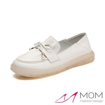 【MOM】真皮蝴蝶結軟底樂福鞋/真皮甜美小蝴蝶結抓褶造型軟底樂福鞋 休閒鞋 女鞋 白