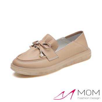 【MOM】真皮蝴蝶結軟底樂福鞋/真皮甜美小蝴蝶結抓褶造型軟底樂福鞋 休閒鞋 女鞋 杏