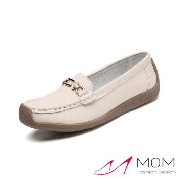 【MOM】真皮美鑽馬銜扣軟底鞋/真皮閃耀美鑽馬銜扣飾軟底蝸牛鞋 女鞋 米