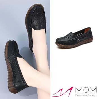 【MOM】真皮縷空樂福鞋/真皮透氣縷空小花造型樂福鞋 女鞋 黑