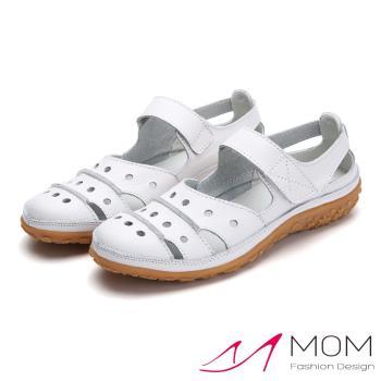 【MOM】真皮洞洞涼鞋/真皮幾何圓孔洞洞拼接舒適涼鞋 女鞋 白
