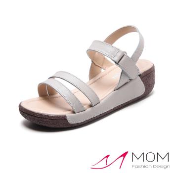 【MOM】真皮厚底魔鬼粘涼鞋/真皮極簡線條造型魔鬼粘厚底涼鞋 女鞋 灰