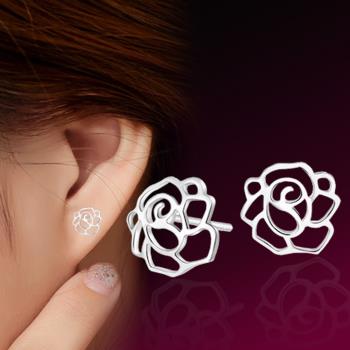 【Emi艾迷】韓系純淨玫瑰花朵鏤空 925銀針 耳環