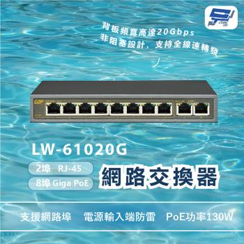 [昌運科技] LW-61020G 8埠Giga PoE/2埠RJ-45網路交換器 PoE功率130W