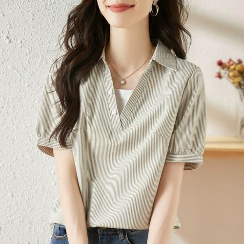 BJ COLLECTION 日系假兩件拚接條紋襯衫領短袖上衣 BJC30095綠條紋色FREE