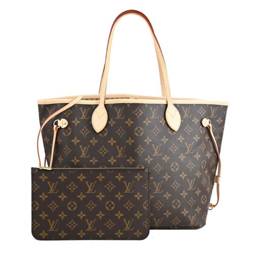 Louis Vuitton LV M40995 NEVERFULL MM 老花子母束口購物包.米邊