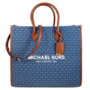 MICHAEL KORS 緹花滿版LOGO皮革邊飾大托特兩用包(大款/單寧藍)