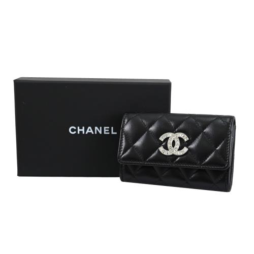 CHANEL AP3989 雙C方鑽LOGO菱格小羊皮零錢包.黑銀|經典LOGO/菱格