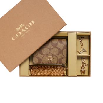 【COACH】品牌 LOGO 皮革鏈帶迷你錢包/卡包 附 2 個吊飾 (棕色) 195031388385
