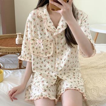 【韓國K.W.】韓國米底碎花棉睡衣蕾絲碎花短袖短褲大碼家居服套裝