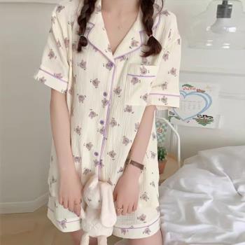 【韓國K.W.】韓國紫兔兔棉睡衣蕾絲碎花短袖短褲大碼家居服套裝