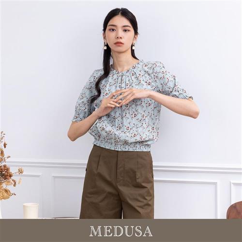 現貨【MEDUSA 曼度莎】藍色碎花棉質小荷葉領口上衣（M-XL）｜女休閒上衣 短袖上衣
