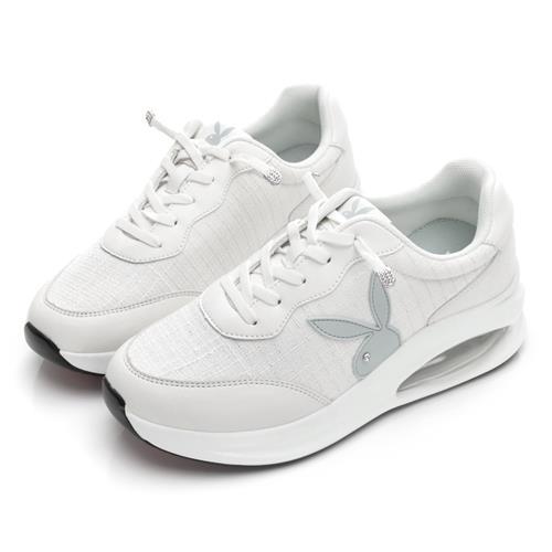 【PLAYBOY】極簡格紋免綁帶抗震增高氣墊鞋-PY0056白