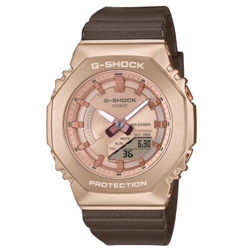 【CASIO 卡西歐】G-SHOCK 優雅奢華 蜜桃粉金 個性棕 金屬錶殼 八角形錶殼 GM-S2100CB-5A_40.4mm