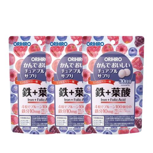 ORIHIRO機能咀嚼錠-綜合莓果口味 鐵+葉酸(120粒/包)X3