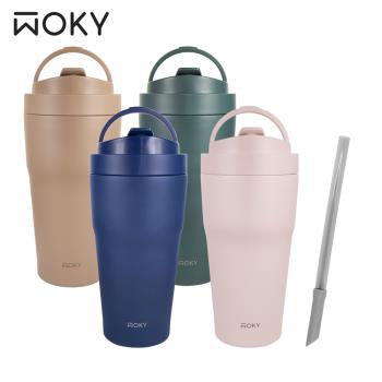 【WOKY 沃廚】–(●●)渾圓杯-手提雙層陶瓷易潔層保溫杯550ml (加贈彈跳粗吸管)