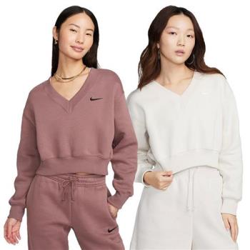 【下殺】Nike 長袖上衣 女裝 短版 V領 刷毛 藕粉/奶油白【運動世界】FN3652-208/FN3652-104