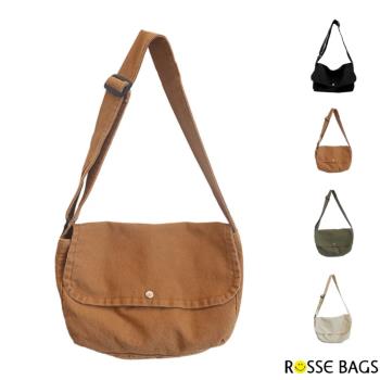 【Rosse Bags】韓版簡約文藝設計單色肩背帆布包(現+預 黑色／棕色／綠色／米色)
