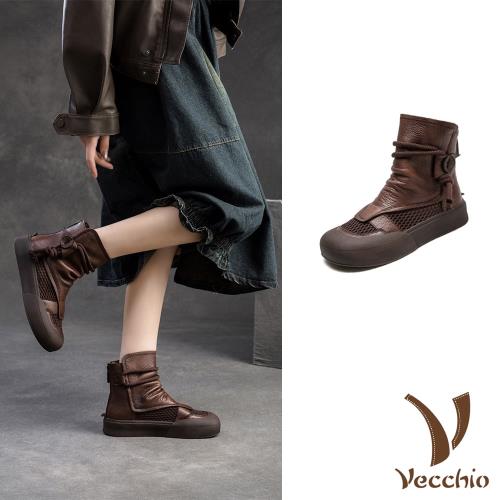 【VECCHIO】全真皮網布厚底羅馬靴/全真皮頭層牛皮透氣網布拼接復古厚底短靴 涼靴 羅馬靴 女鞋 棕