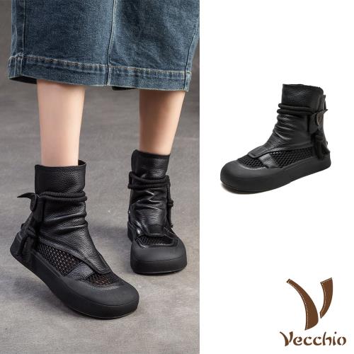【VECCHIO】全真皮網布厚底羅馬靴/全真皮頭層牛皮透氣網布拼接復古厚底短靴 涼靴 羅馬靴 女鞋 黑