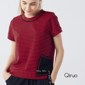 Qiruo 奇若名品 春夏專櫃紅黑線條上衣2107A 圓領造型口袋款(M-2XL)