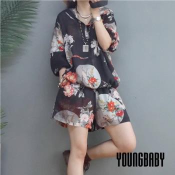 【YOUNGBABY中大碼】前開釦連帽日系花朵七分袖縈麻套裝 中大尺碼女裝