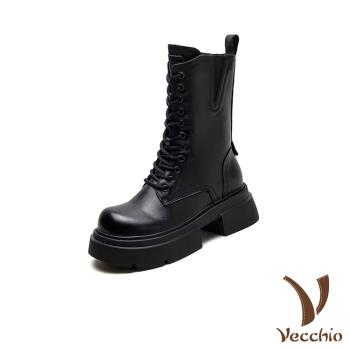 【VECCHIO】真皮厚底靴/真皮頭層牛皮帥氣V口時尚繫帶厚底中筒靴 馬丁靴 女鞋 黑