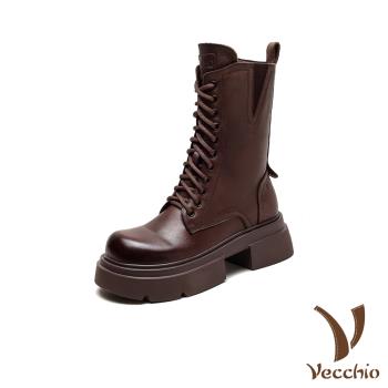 【VECCHIO】真皮厚底靴/真皮頭層牛皮帥氣V口時尚繫帶厚底中筒靴 馬丁靴 女鞋 棕
