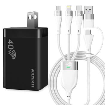 POLYBATT 40W 氮化鎵 雙Type-C輸出黑+MyStyle 二出三 6用型快充線-白
