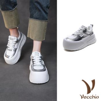 【VECCHIO】真皮輕量運動鞋/真皮超輕量個性厚底百搭休閒運動鞋 女鞋 銀